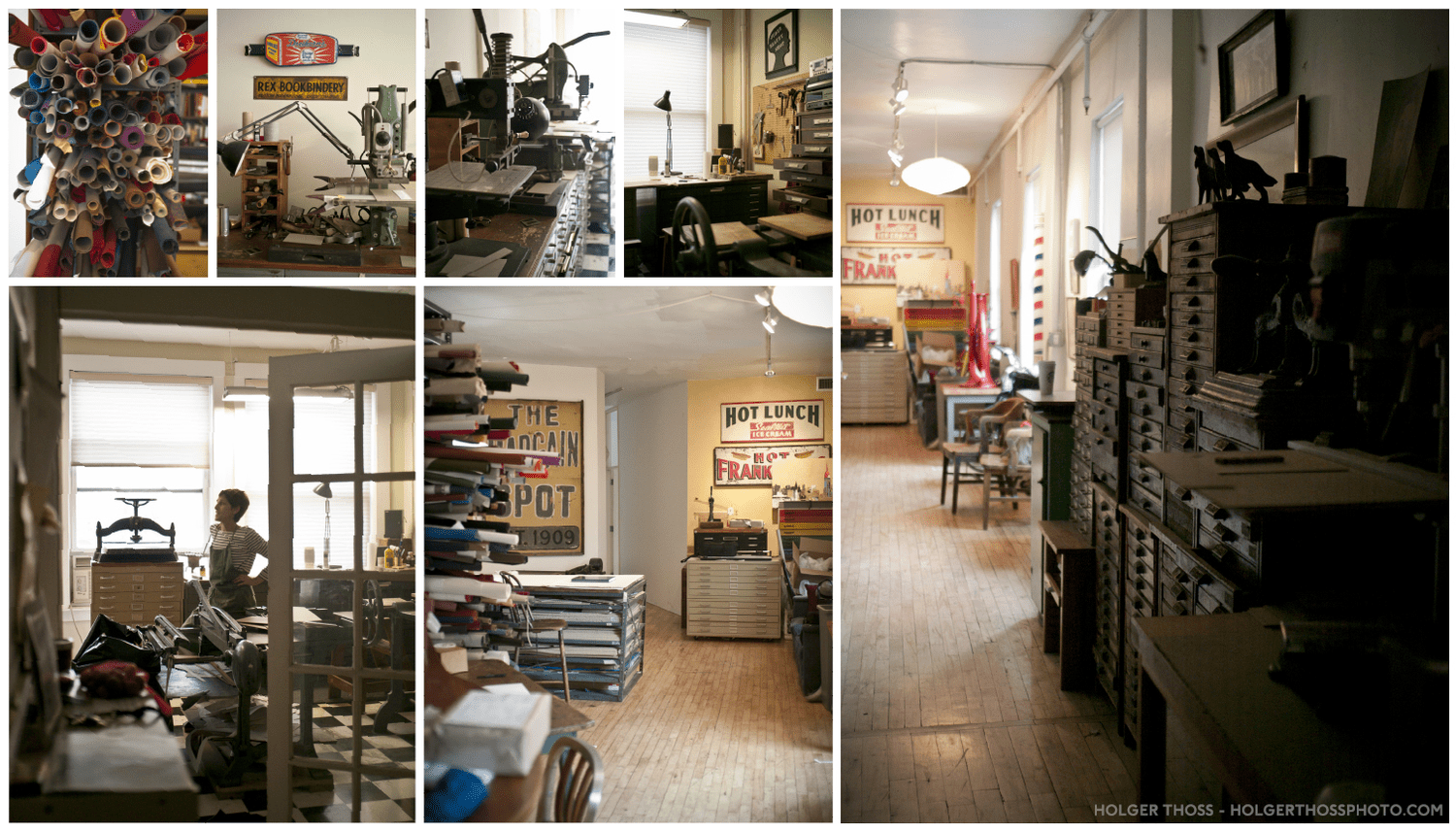 A collage of Judith Ivry's downtown Manhattan bindery and bookbinding work